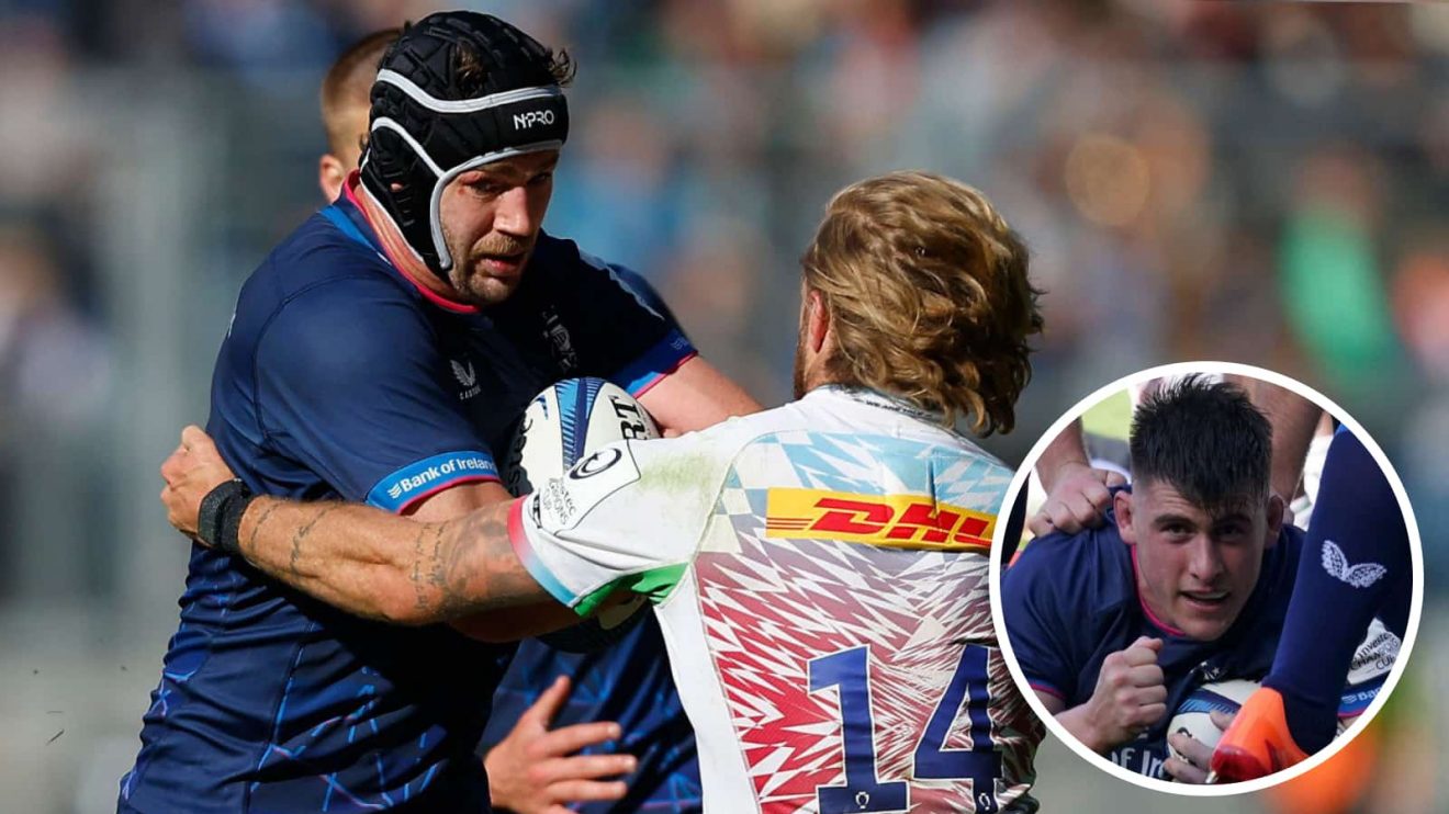 Ireland stars Caelan Doris and Dan Sheehan (inset) in action for Leinster in the Champions Cup against Harlequins.