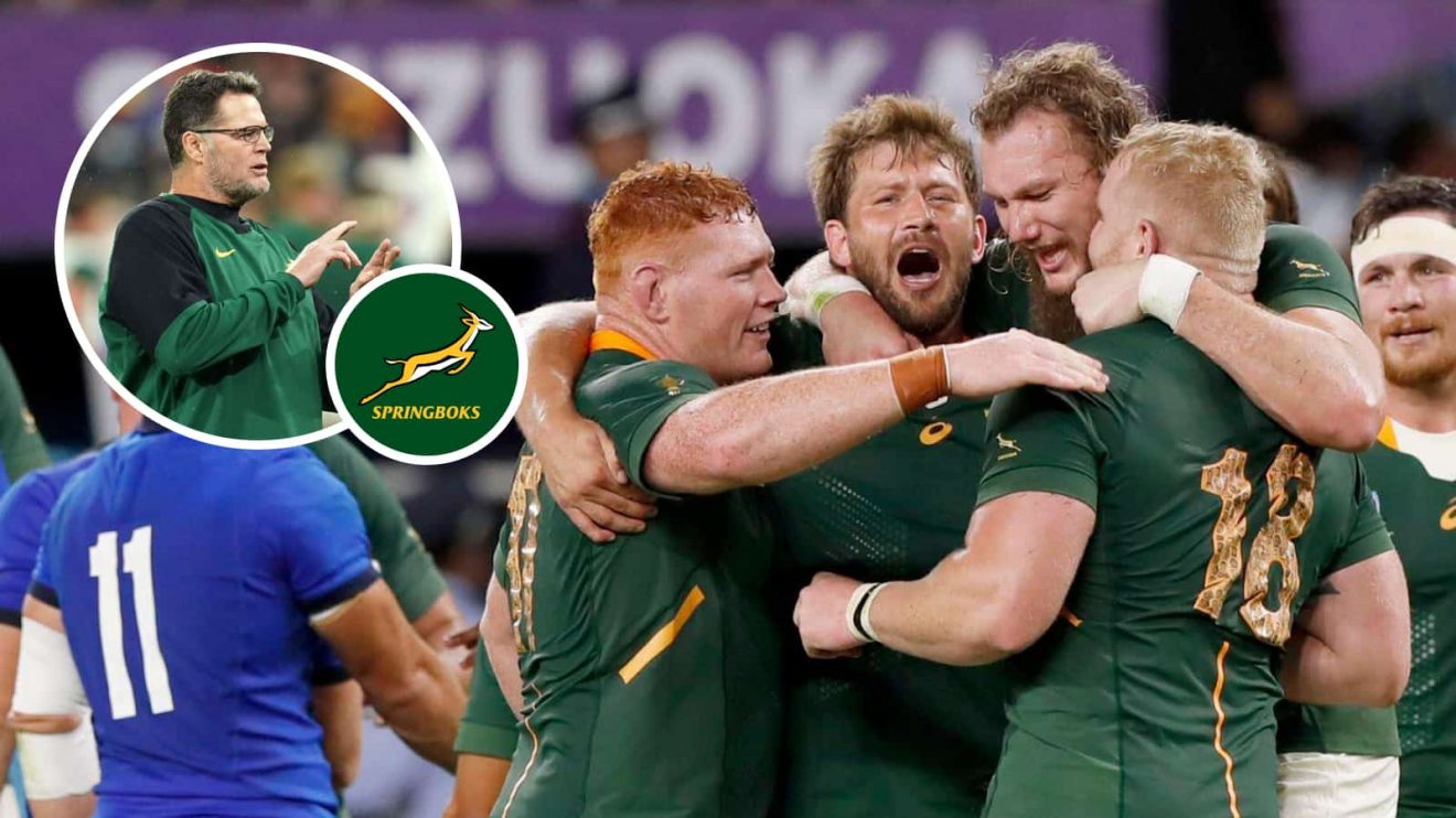 Springboks Bomb Squad members and an insert of head coach Rassie Erasmus.