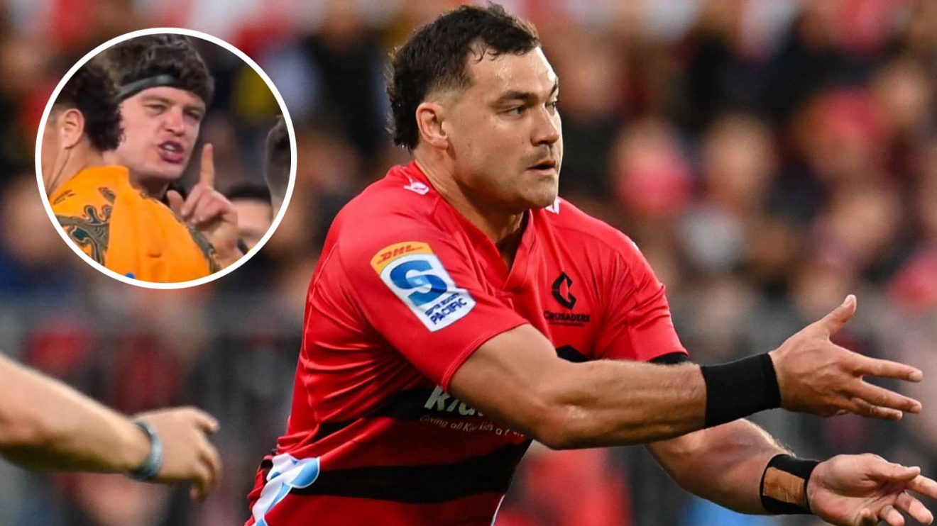 Crusaders centre David Havili and an insert of All Blacks skipper Scott Barrett.