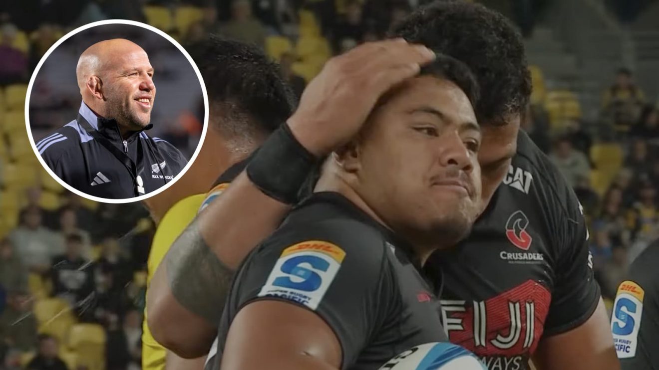 Crusaders hooker Ioane Moananu and an insert of All Blacks coach Jason Ryan.