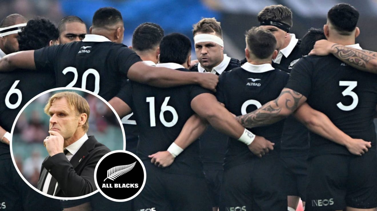 All Blacks team in a huddle in 2024 and head coach Scott Robertson (inset).