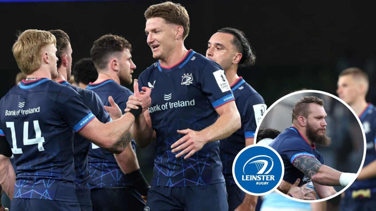 Jordie Barrett celebrating with Leinster team-mates after Champions Cup quarter-final and RG Snyman in action against Glasgow Warriors (inset).