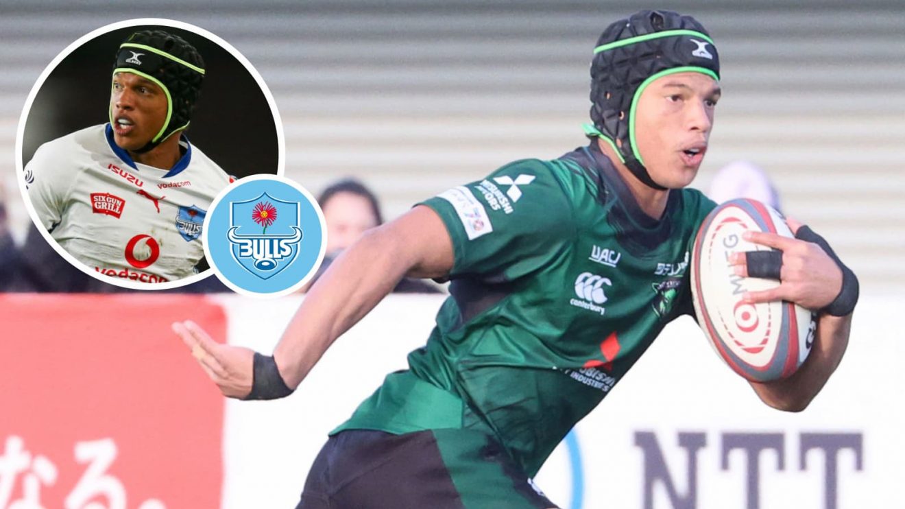 Kurt-Lee Arendse in action in Japan for Mitsubishi Sagamihara DynaBoars and for the Bulls (inset) earlier in the season.