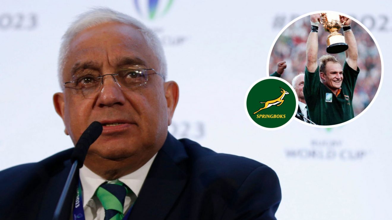 SA Rugby president Mark Alexander and Francois Pienaar lifting Webb Ellis Cup (inset) the last time South Africa hosting the Rugby World Cup.