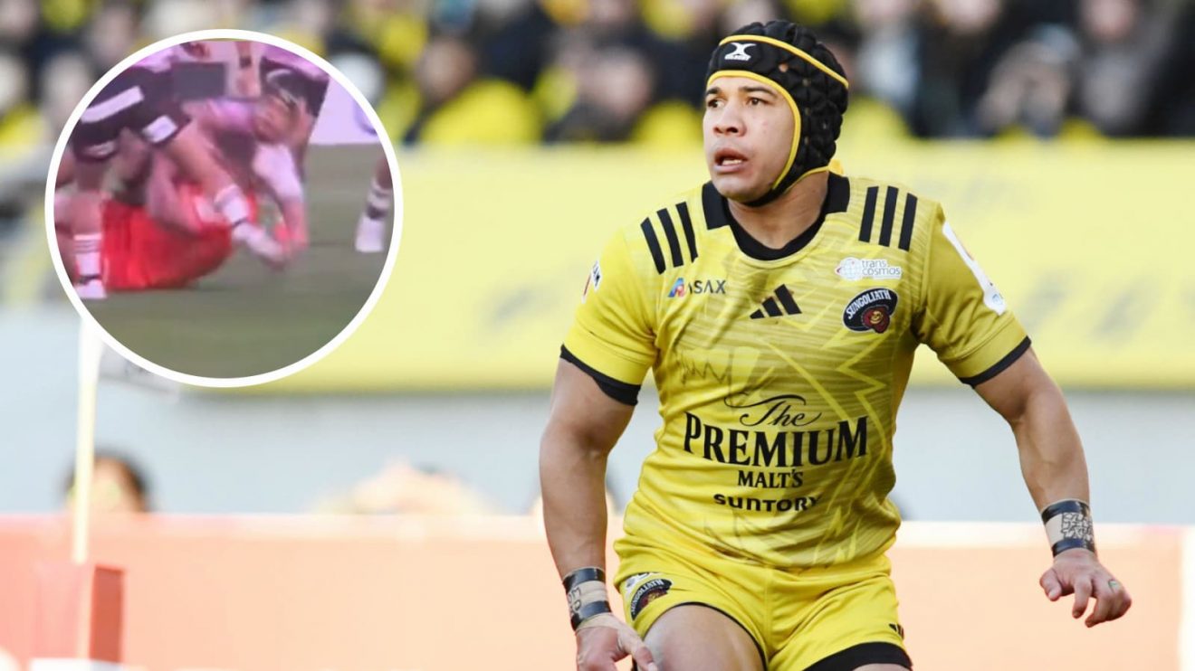 Cheslin Kolbe in action in Japan and his rip on fellow Springbok Malcolm Marx (inset).
