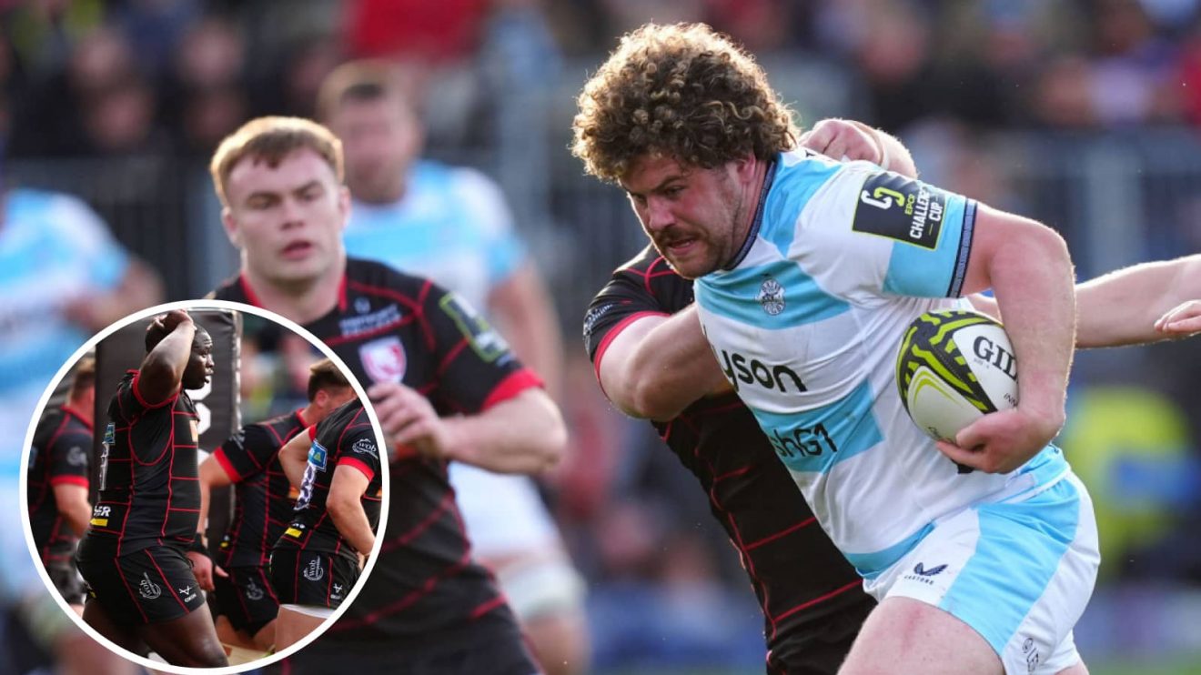 Alfie Barbeary in action for Bath in Challenge Cup and Gloucester players dejected (inset).