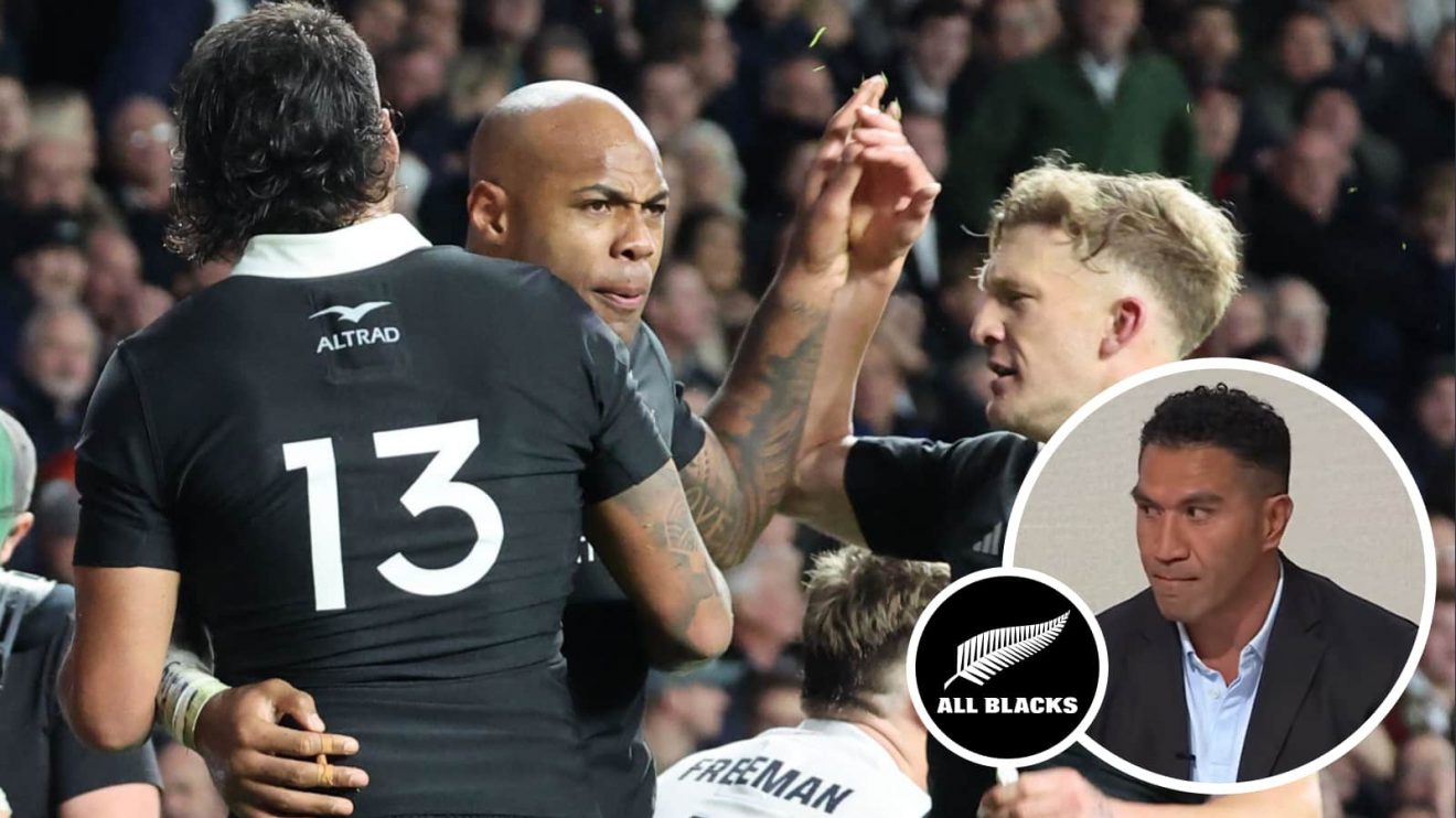 Mark Tele'a celebrates try against England and All Blacks centurion Mils Muliaina (inset).