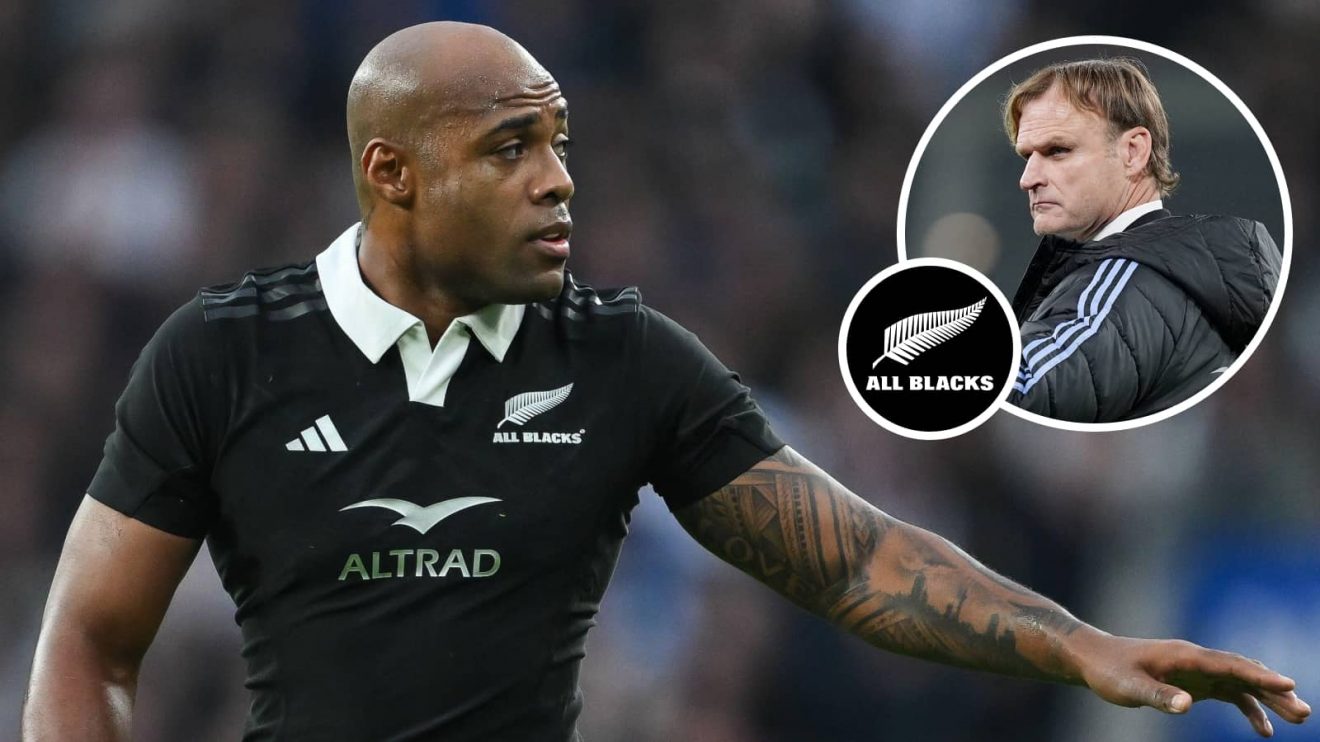 All Blacks and Blues winger Mark Tele'a and an insert of Scott Robertson