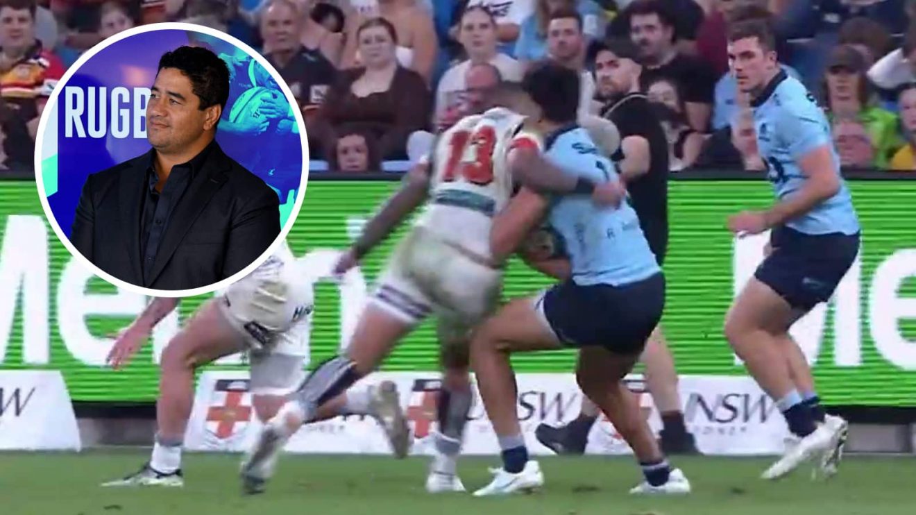 Gideon Wrampling's tackle on Joseph Suaalii and an insert of ex-Wallaby Morgan Turinui.