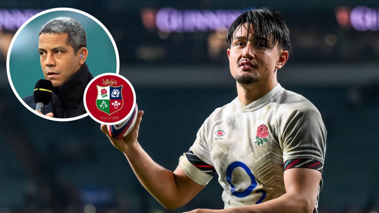 England playmaker Marcus Smith and an insert of Lions legend Jeremy Guscott.