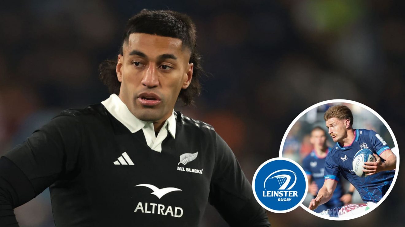 All Blacks star Rieko Ioane and Test team-mate Jordie Barrett in action for Leinster (inset).
