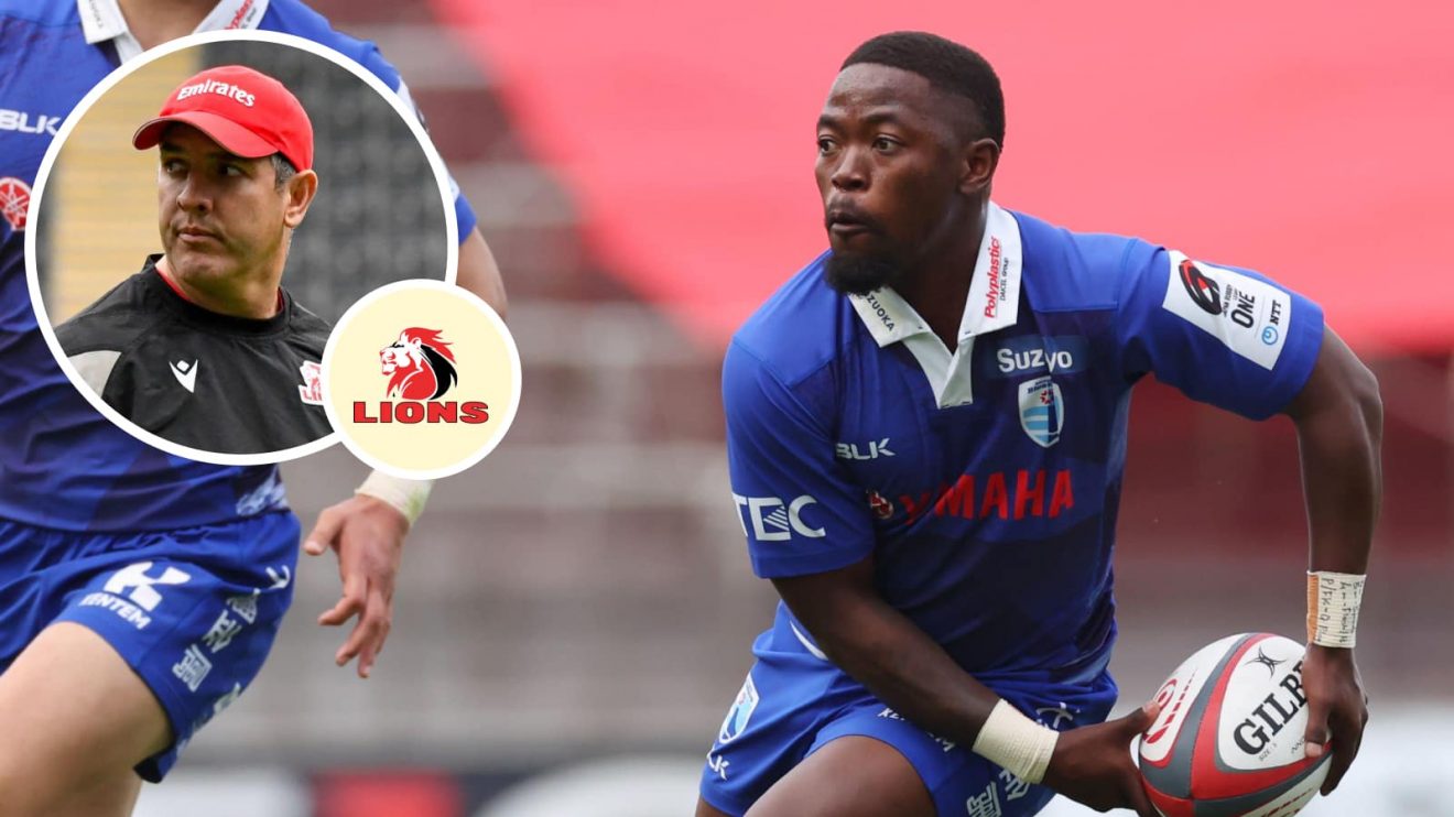 Sanele Nohamba and an insert of ex-Springboks centre and now Lions coach Jaque Fourie.