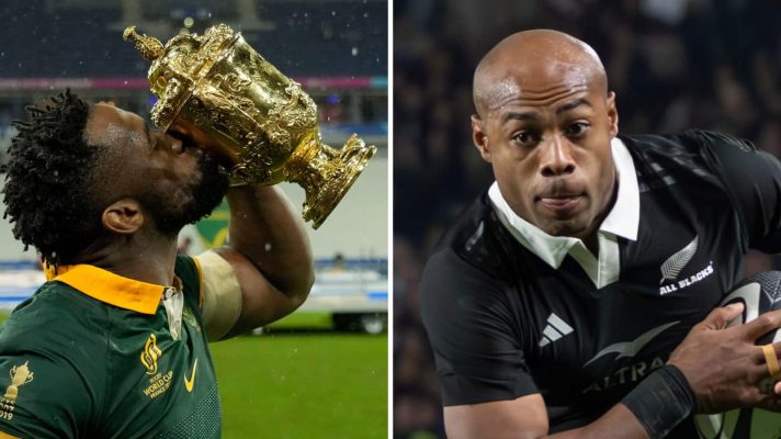 Springboks captain Siya Kolisi and All Blacks winger Mark Tele'a.