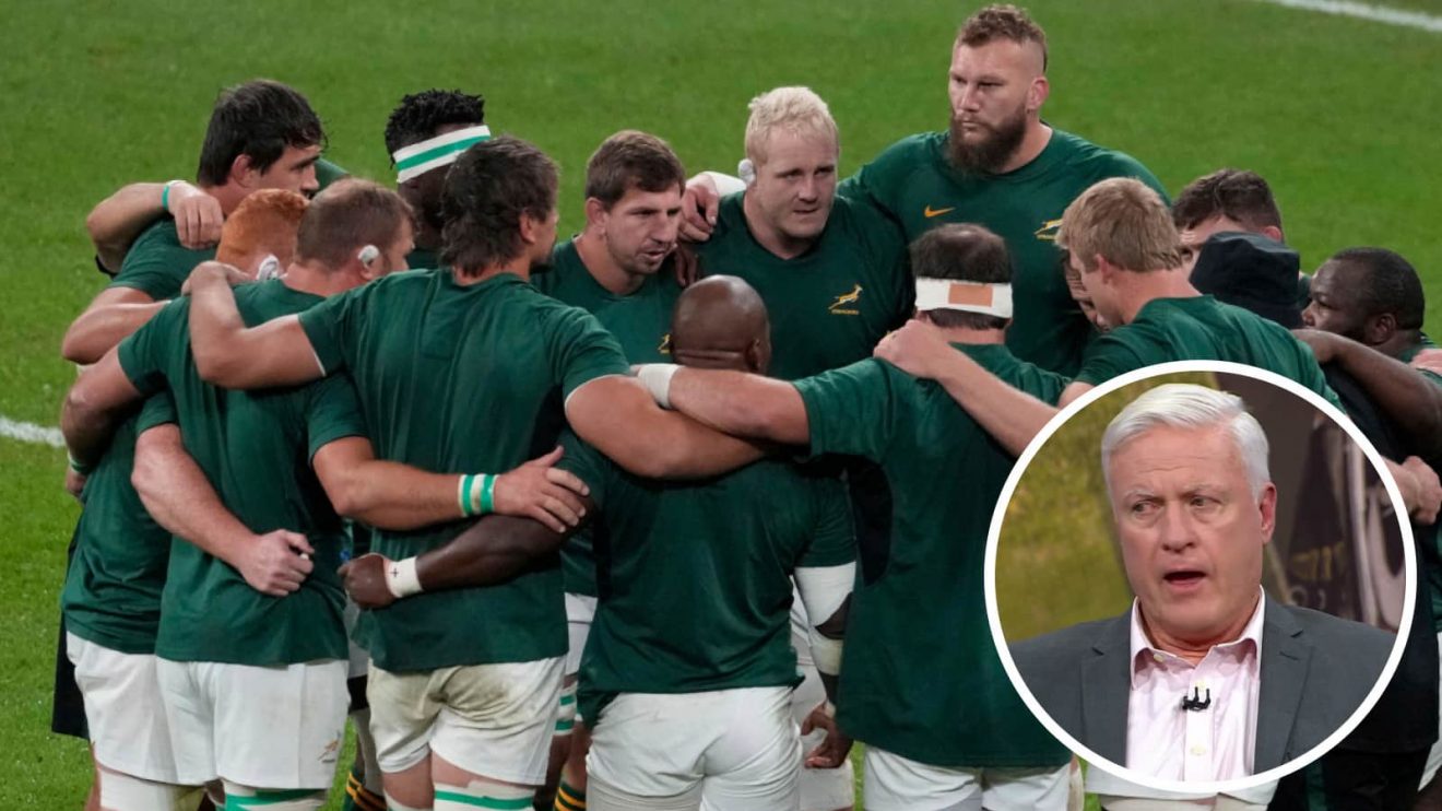 Springboks forwards, including Steven Kitshoff, in a huddle, and pundit Matt Williams (inset).