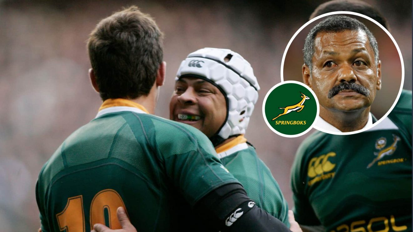 South Africa's Ruan Pienaar celebrates with Adrian Jacobs and an insert of ex-Springboks coach Peter de Villiers.