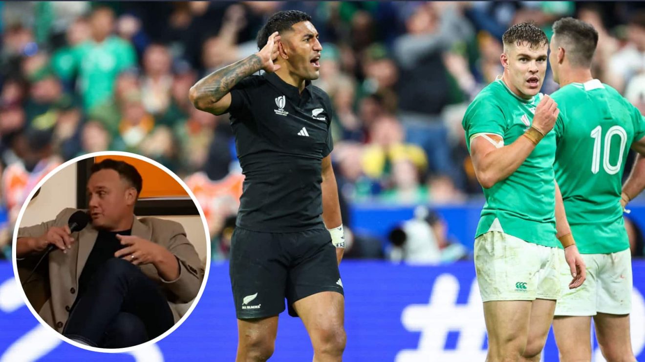 Rieko Ioane and Johnny Sexton during the 2023 Rugby World Cup, and ex-All Blacks star Israel Dagg (inset).