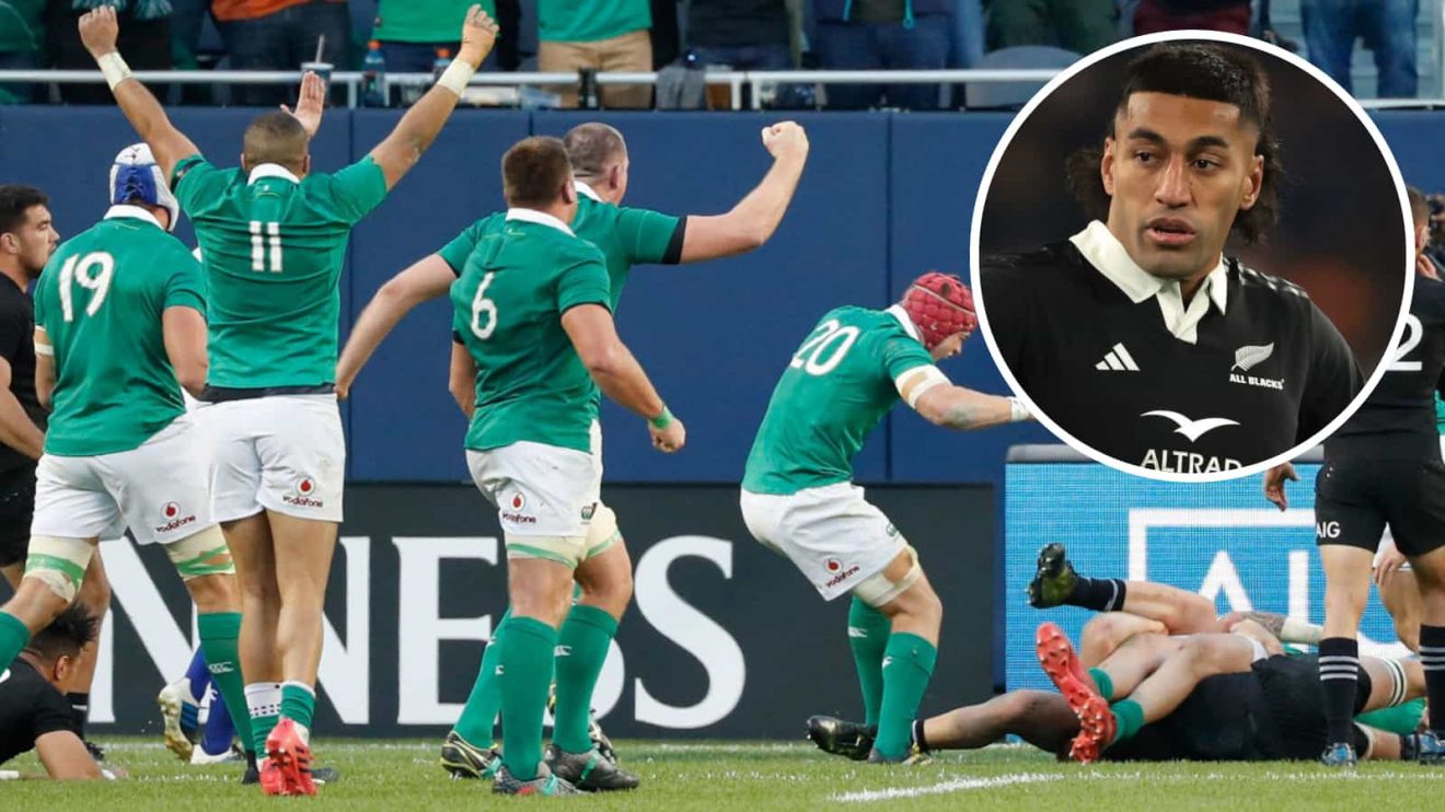 Ireland celebrating against the All Blacks in Chicago, and Leinster-bound Rieko Ioane (inset).