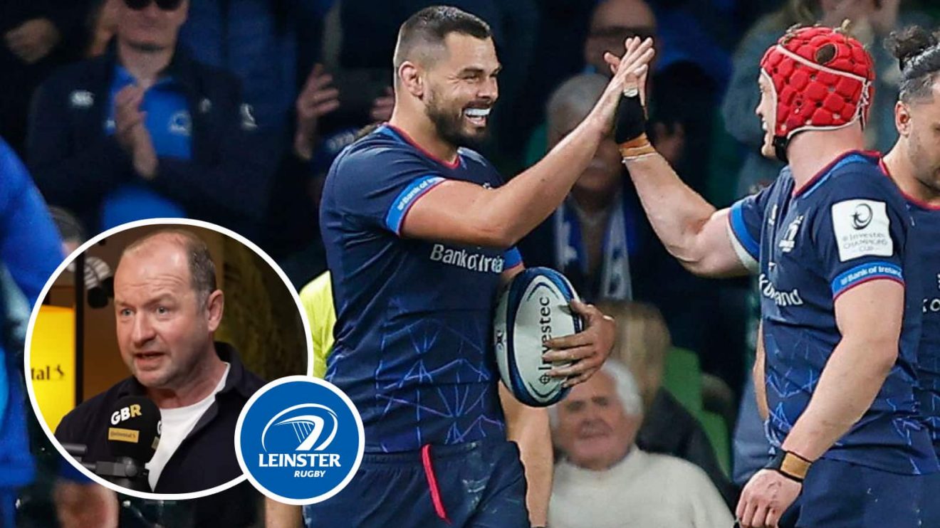 Leinster celebrate try against Glasgow Warriors in Champions Cup, and former Ireland star Geordan Murphy (inset).