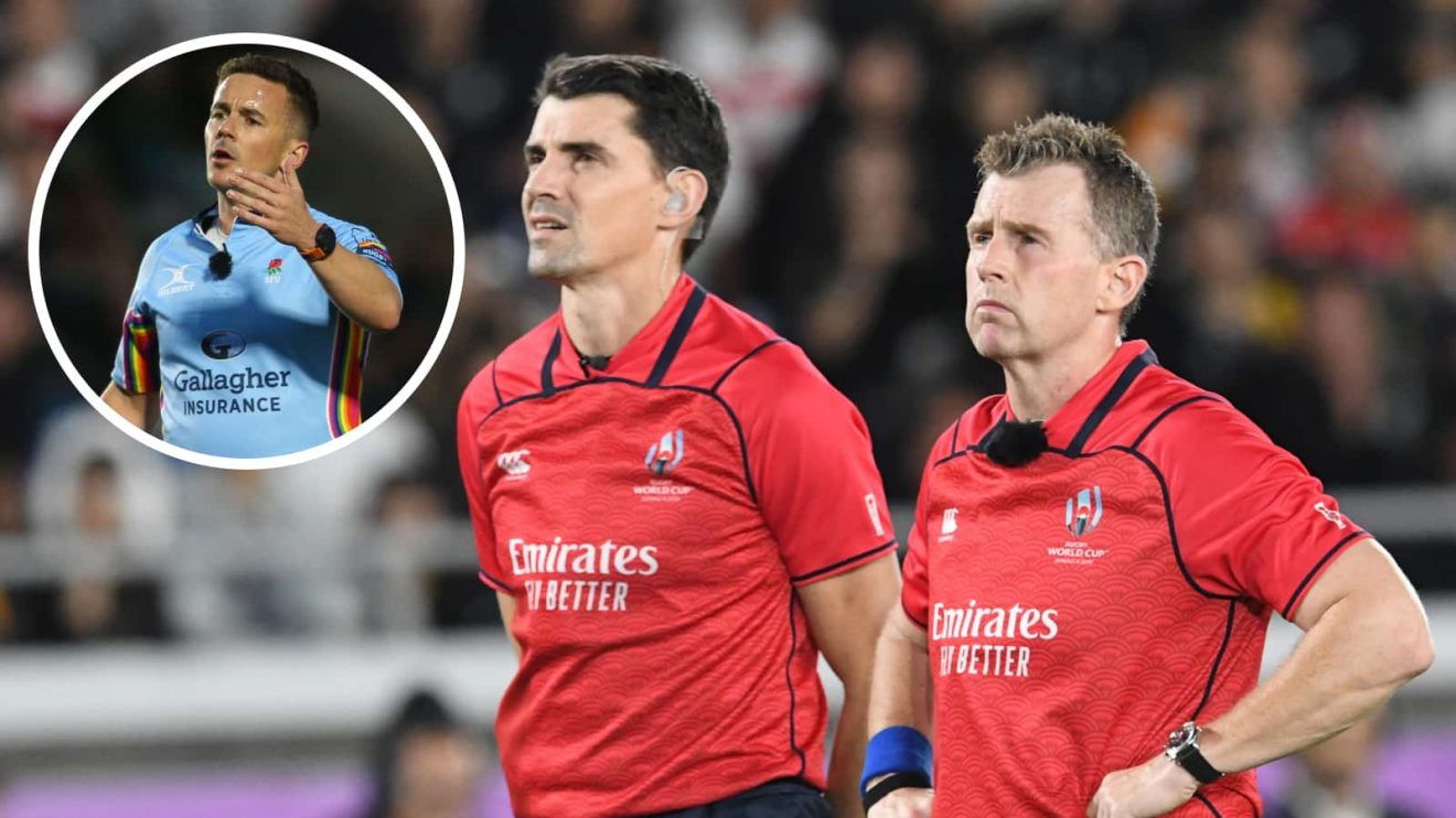 Nigel Owens and an insert of Premiership referee Luke Pearce.