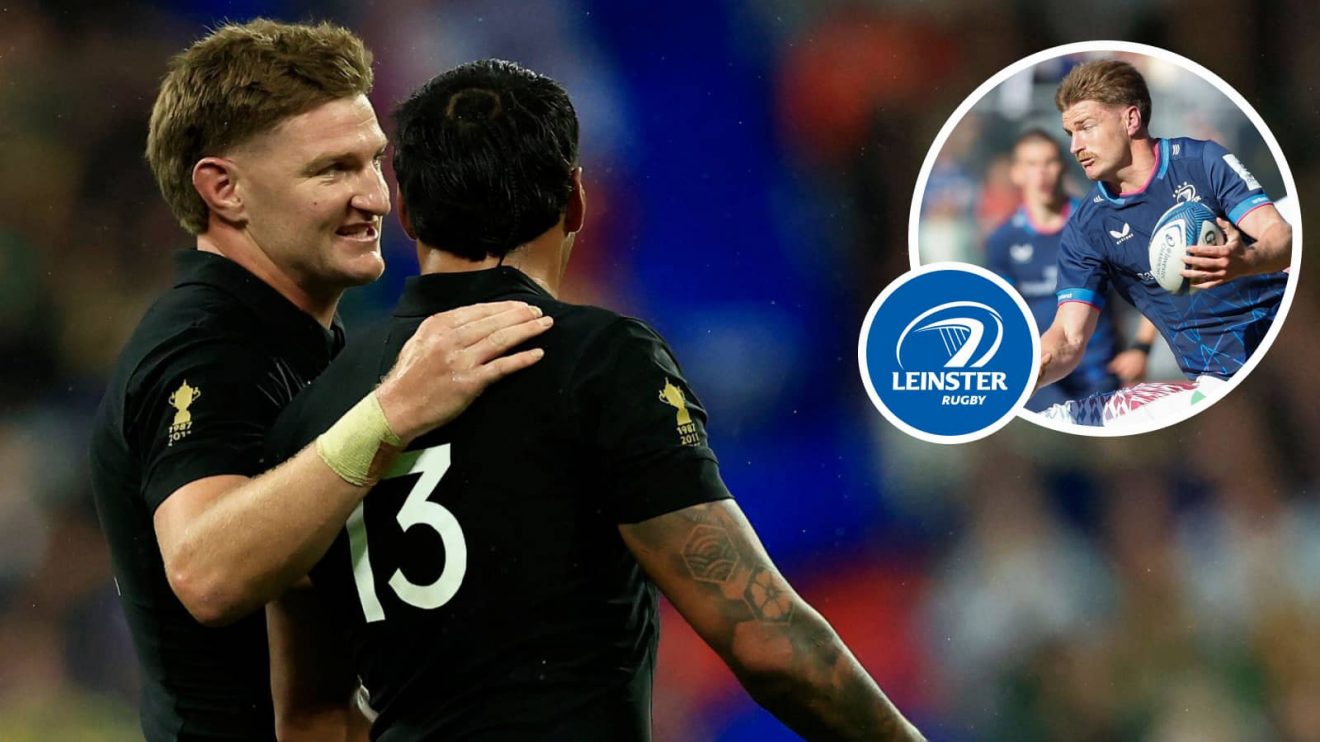 Jordie Barrett speaking with Rieko Ioane and the All Blacks 12 in action for Leinster (inset).