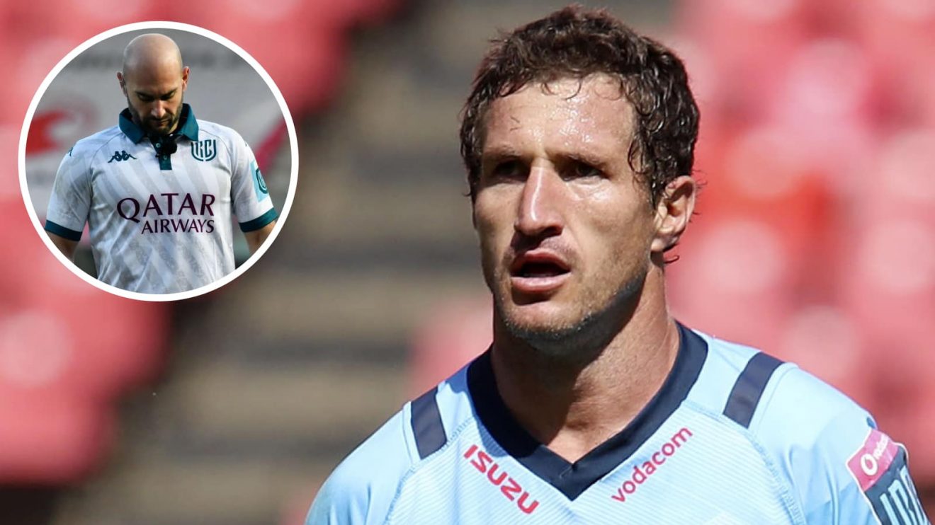Bulls fly-half Johan Goosen and an inset of referee Andrea Piardi.