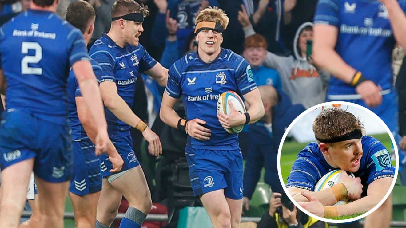 Tommy O'Brien and Garry Ringrose (inset) scoring tries for Leinster v Ulster in the United Rugby Championship.