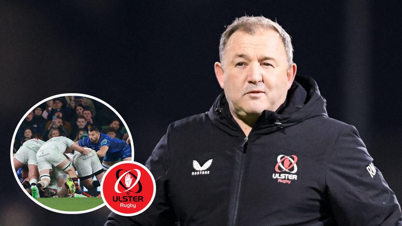 A two layered image of Ulster head coach Richie Murphy and a ruck in the Leinster v Ulster match this weekend.
