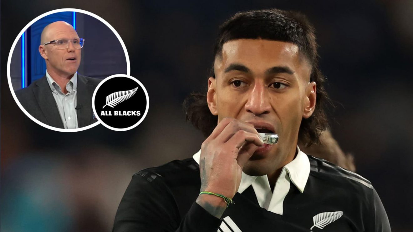 All Blacks centre Rieko Ioane and an inset of Jeff Wilson.