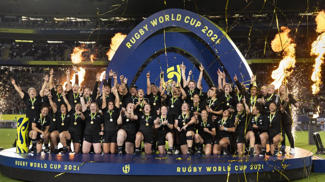 New Zealand Black Ferns players celebrating their World Cup final win over England