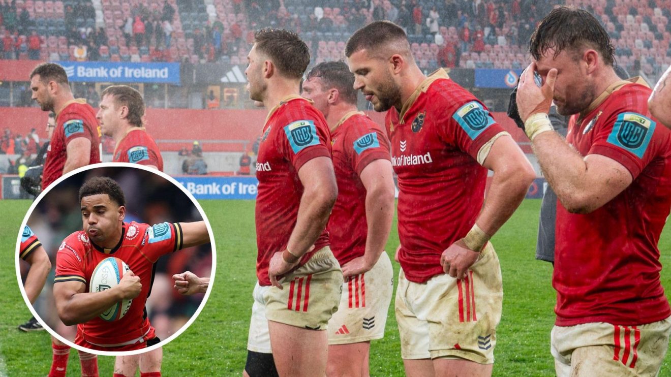 A two layered image of Munster players and Cardiff's Ben Thomas