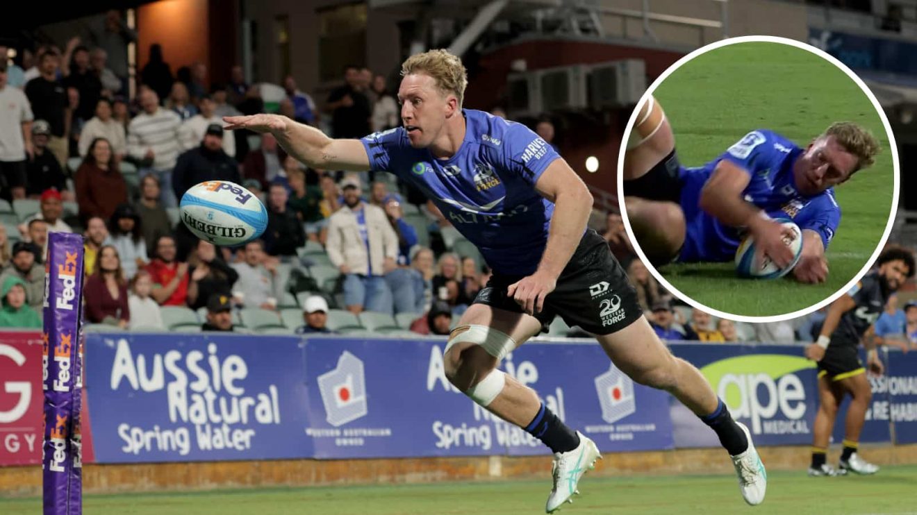 Western Force winger Harry Potter scores a try in Super Rugby Pacific.