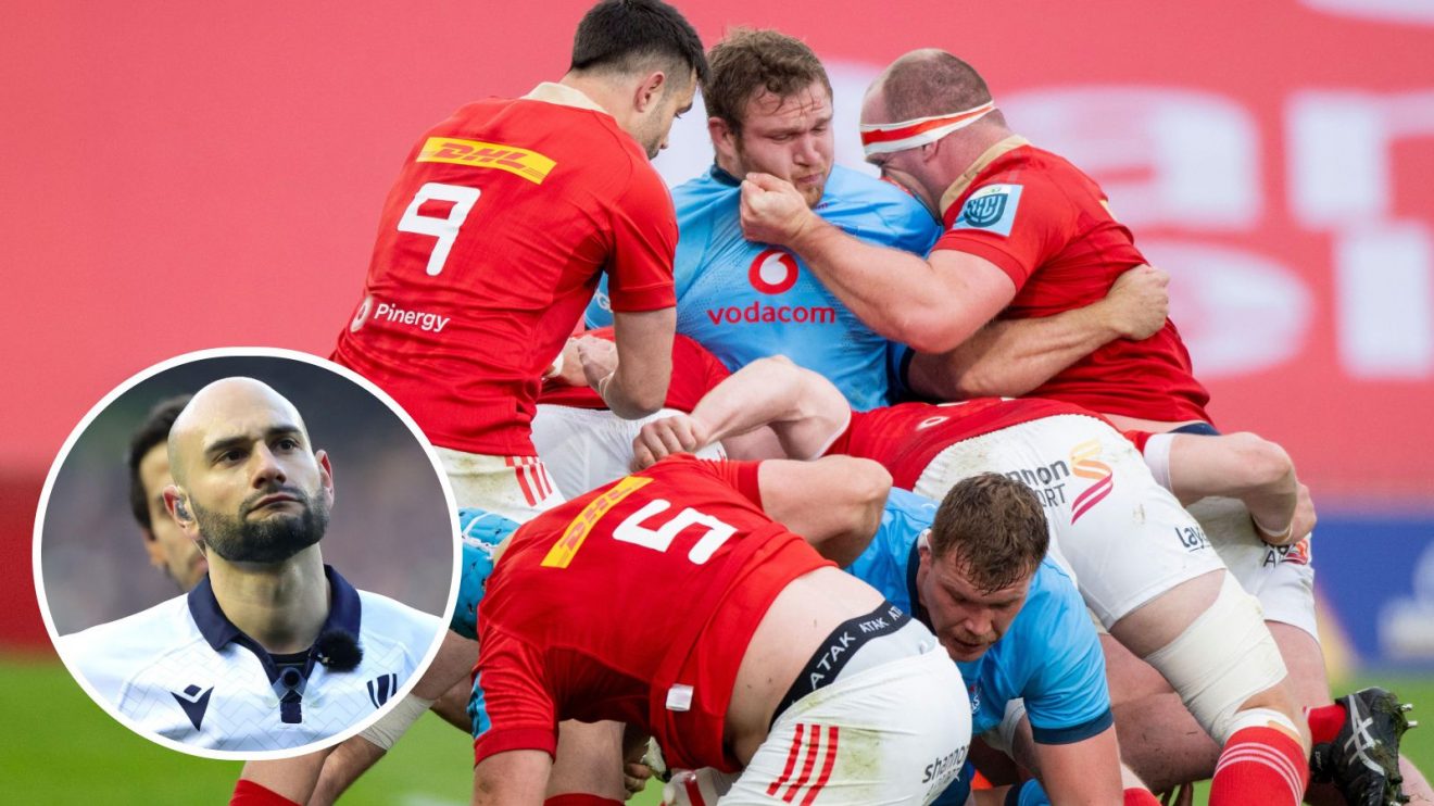 Bulls and Munster players in a ruck with an inset of referee Andrea Piardi