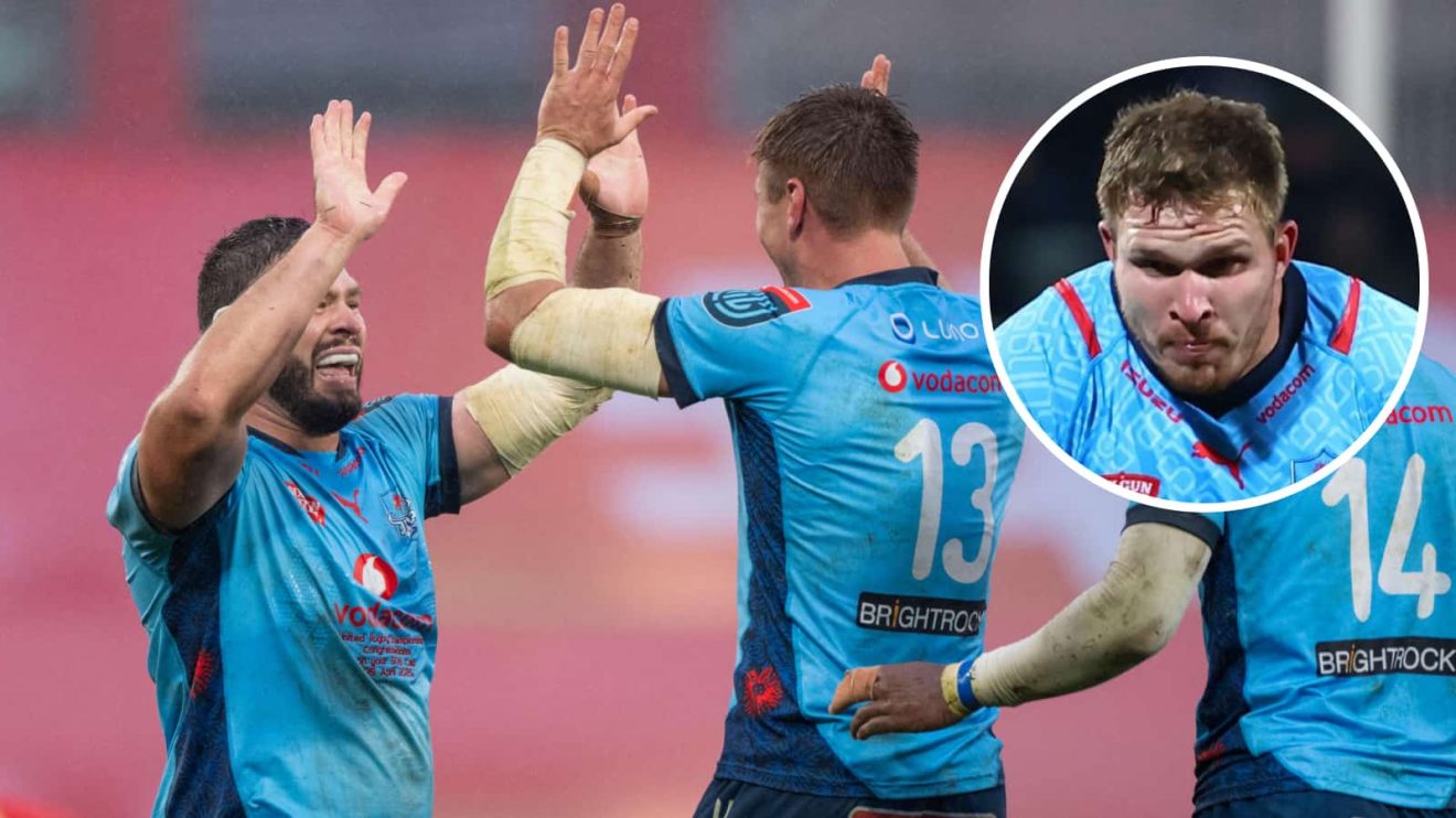 Bulls players Mornay Smith and David Kriel celebrate and an inset of Jan-Hendrik Wessels.