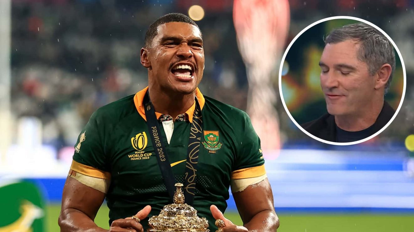 Springboks star Damian Willemse after the Rugby World Cup final and an inset of former All Blacks fly-half Stephen Donald.