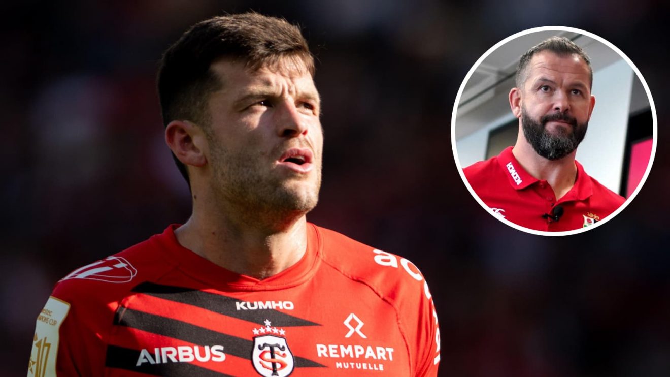 Blair Kinghorn of Toulouse and an inset of British and Irish Lions boss Andy Farrell.