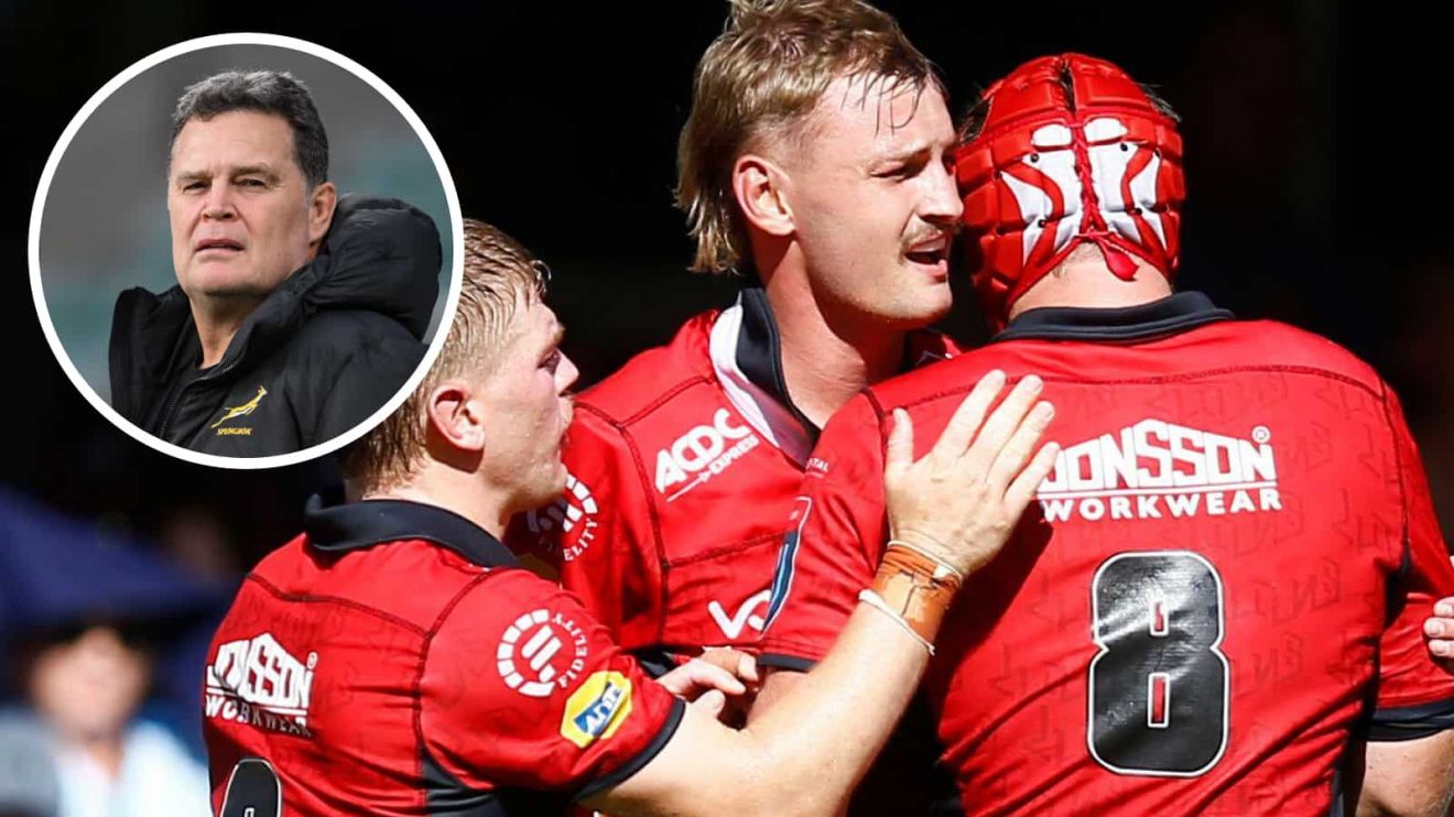 Lions players celebrate and an inset of Springboks boss Rassie Erasmus.