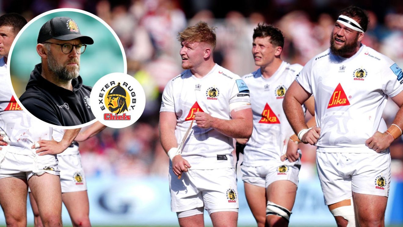 A two layered image of Exeter Chiefs players and head coach Rob Hunter
