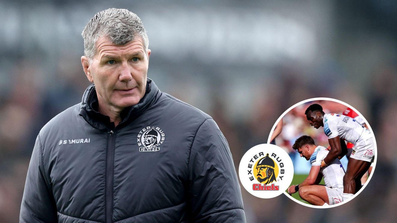 A two layered image of Rob Baxter and Chiefs players Henry Slade and Paul Brown-Bampoe
