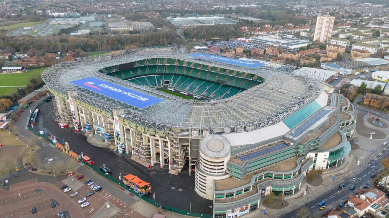 An aerial shot of Twickenham Stadium