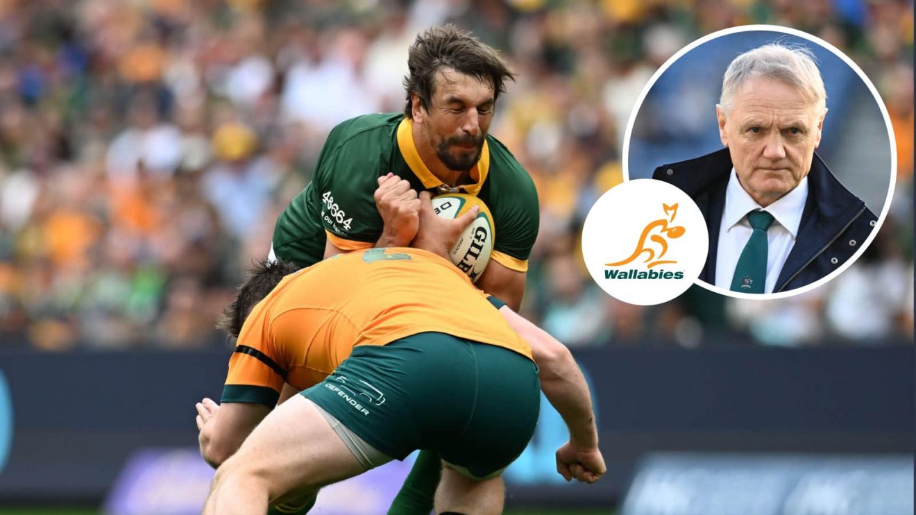 Springboks forward Eben Etzebeth and an inset of Wallabies head coach Joe Schmidt.