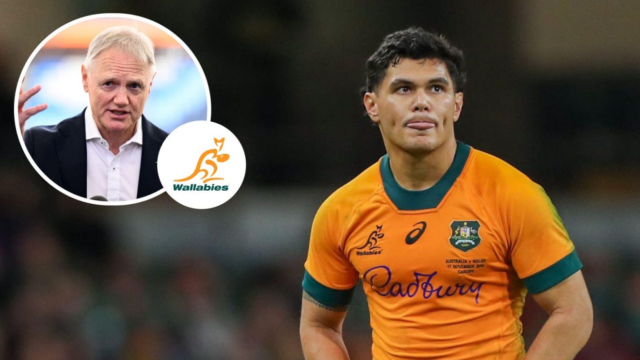 Wallabies playmaker Noah Lolesio and an inset of head coach Joe Schmidt.