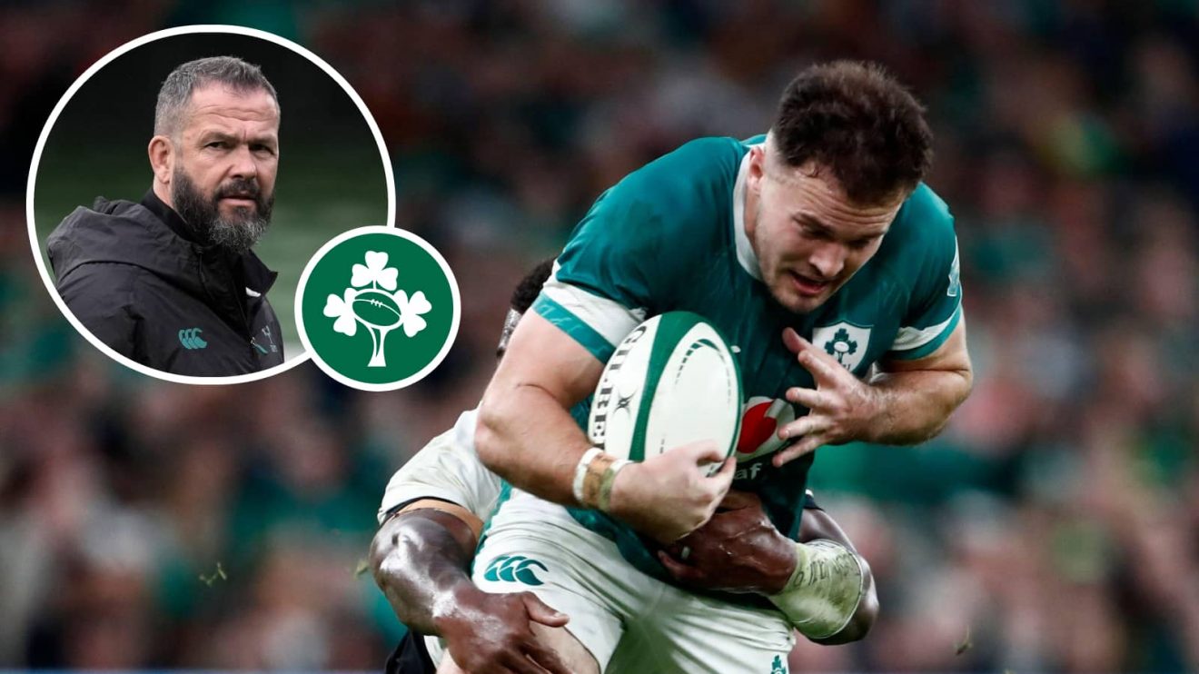 Ireland winger Jacob Stockdale and an inset of head coach Andy Farrell.