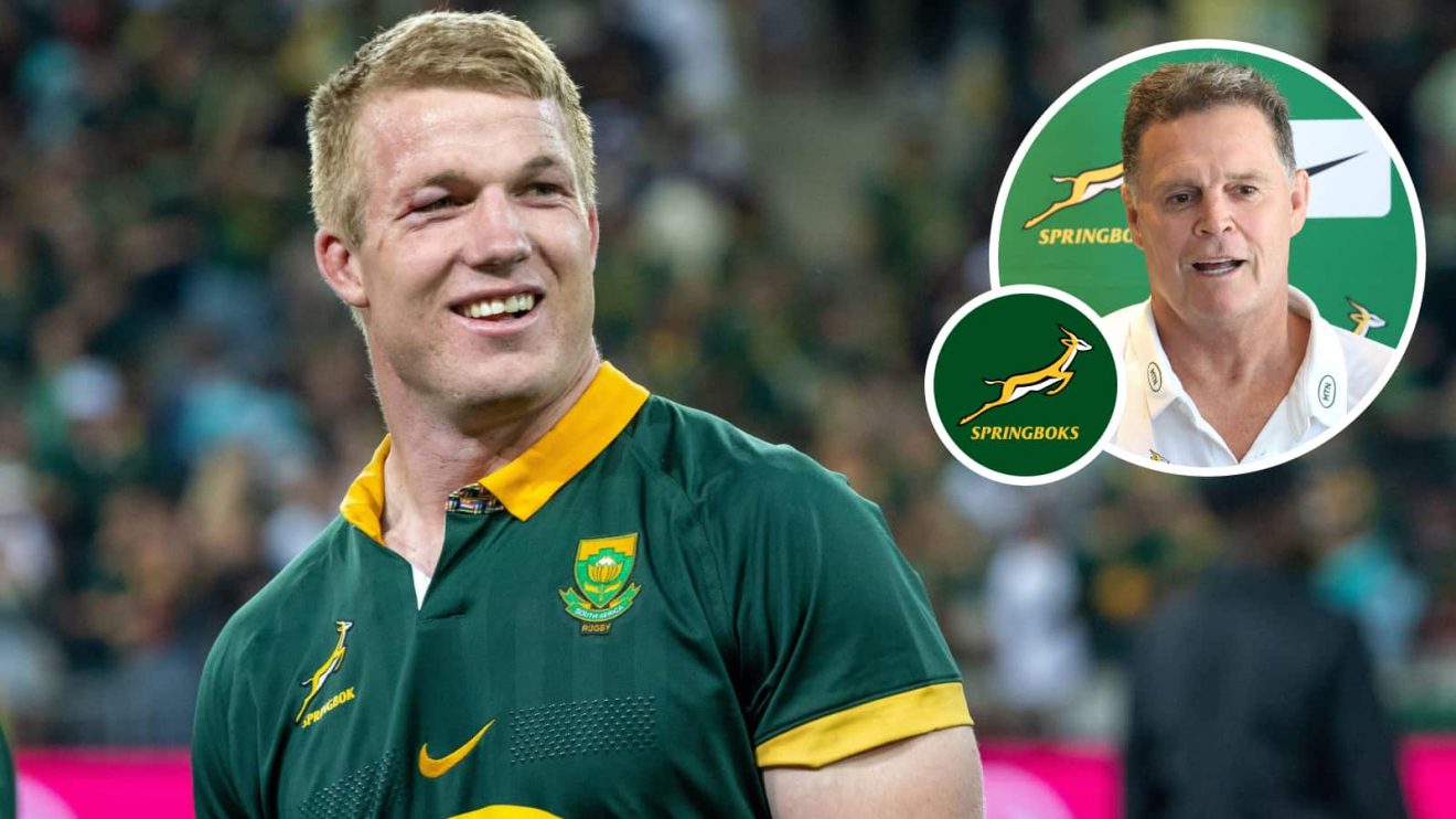 Pieter-Steph Du Toit and an inset of Springboks coach Rassie Erasmus.
