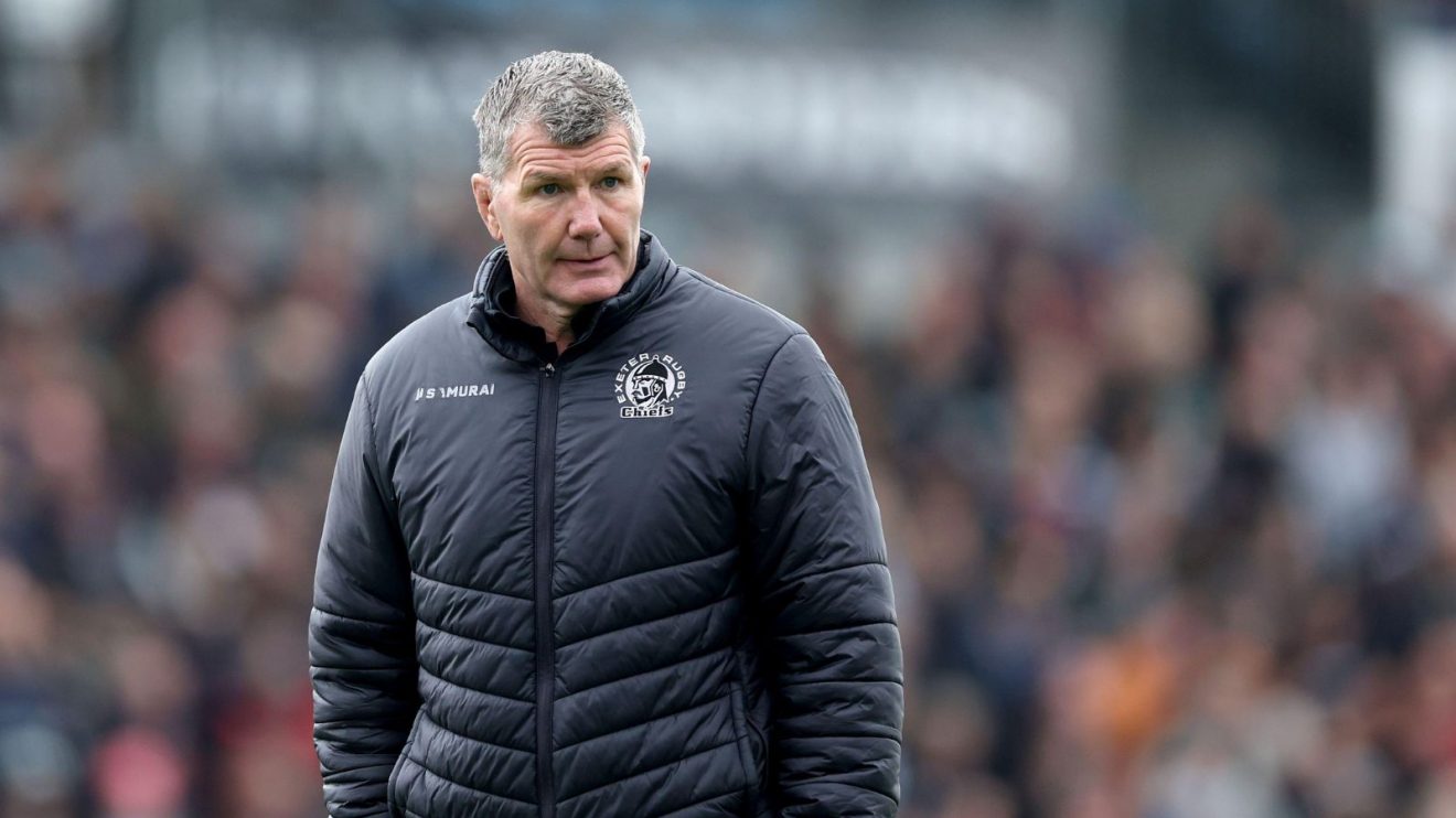Exeter Chiefs director of rugby Rob Baxter watches his team warm up in 2024/25