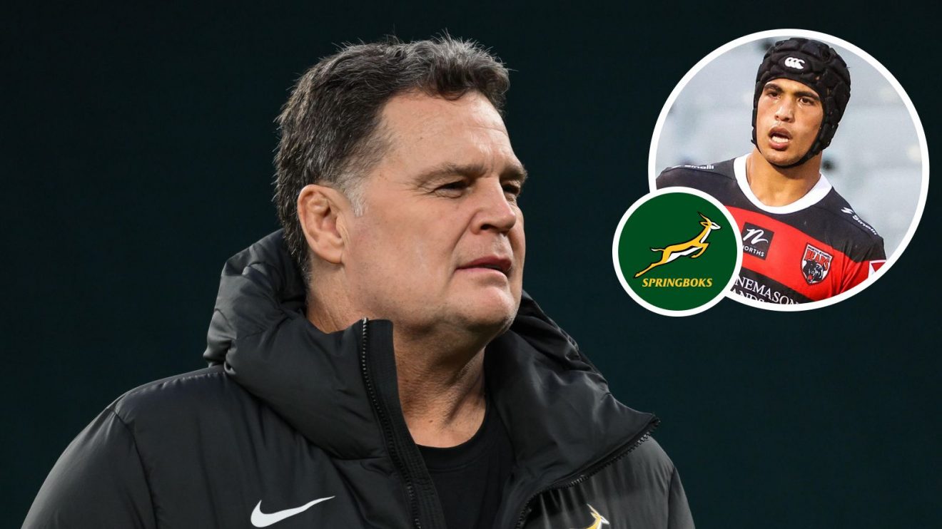 A two layered image of Rassie Erasmus and an inset of Joseph Suaalii