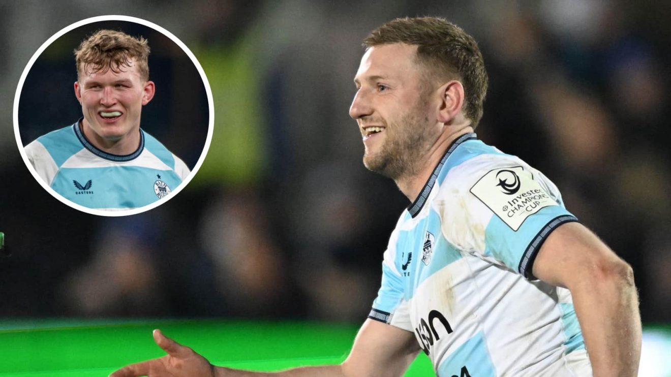 Bath fly-half Finn Russell and an inset of Ted Hill.