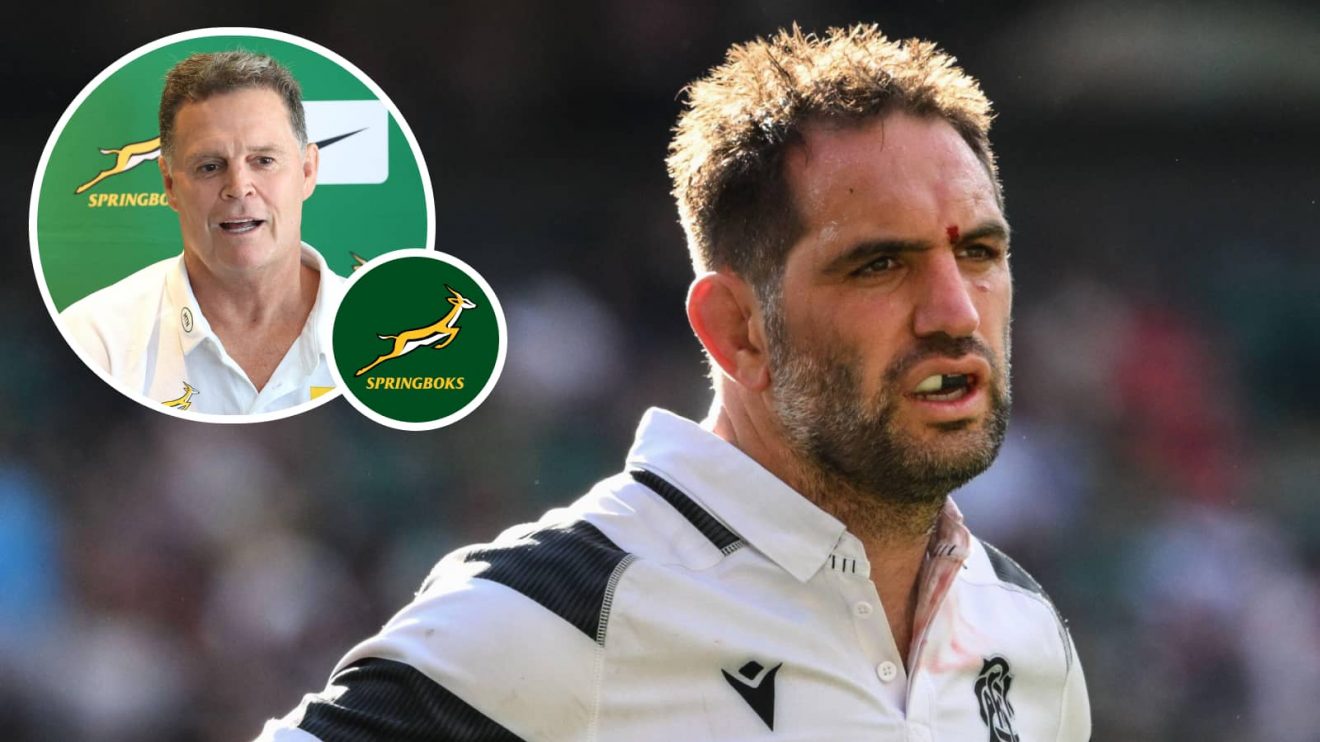 Former All Blacks lock Sam Whitelock playing for the Barbarians and an inset of Springboks boss Rassie Erasmus.