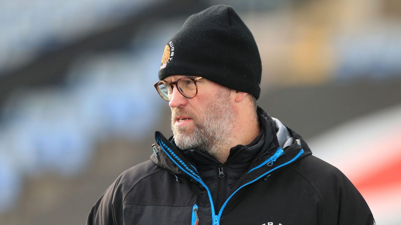 Exeter Chiefs coach Rob Hunter watches his side warm-up before a match