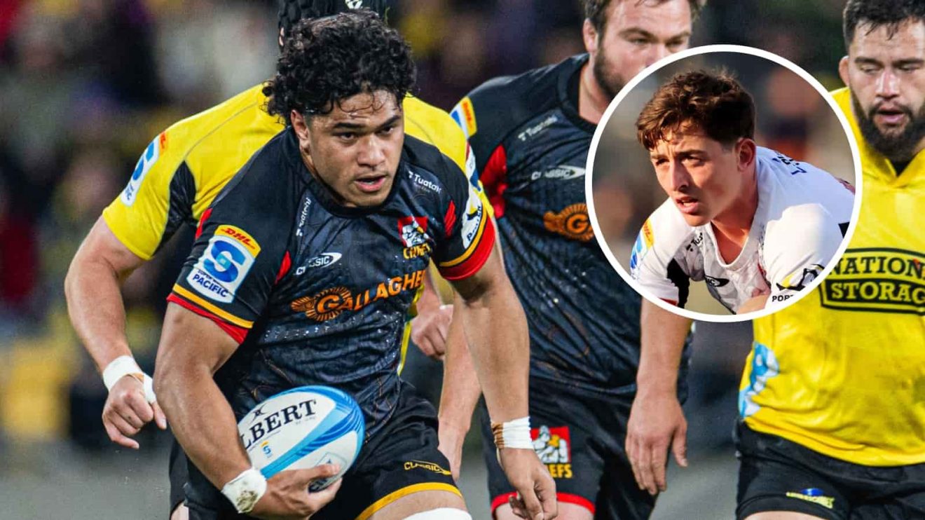 Chiefs star Wallace Sititi and an inset of fly-half Josh Jacomb.