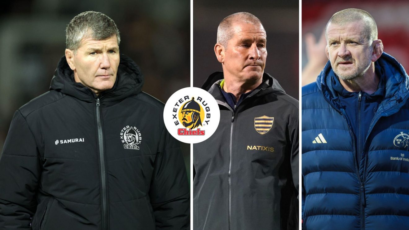 A three panel image of Rob Baxter, Stuart Lancaster and Graham Rowntree